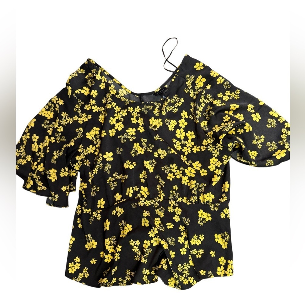 Who What Wear Black and Yellow Asymmetrical Blouse